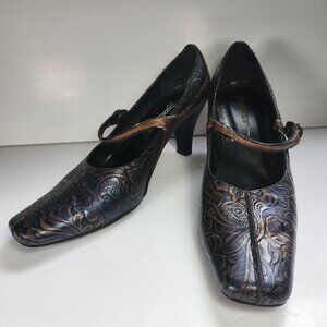 Art Effects Shoes Heels Size 7 Embossed Tooled Leather Look Square Toe 2 3/4"